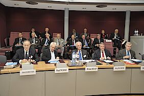 Alberto Quadrio Curzio, Emeritus Professor at the Università Cattolica del Sacro Cuore, Paul Nurse, British biochemist, 2001 Nobel Prize in Physiology or Medicine, Brian Heap, President of the European Academies Science Advisory Council (EASAC), and Jörg Hacker, President of the German National Academy of Sciences Leopoldina (from left to right).